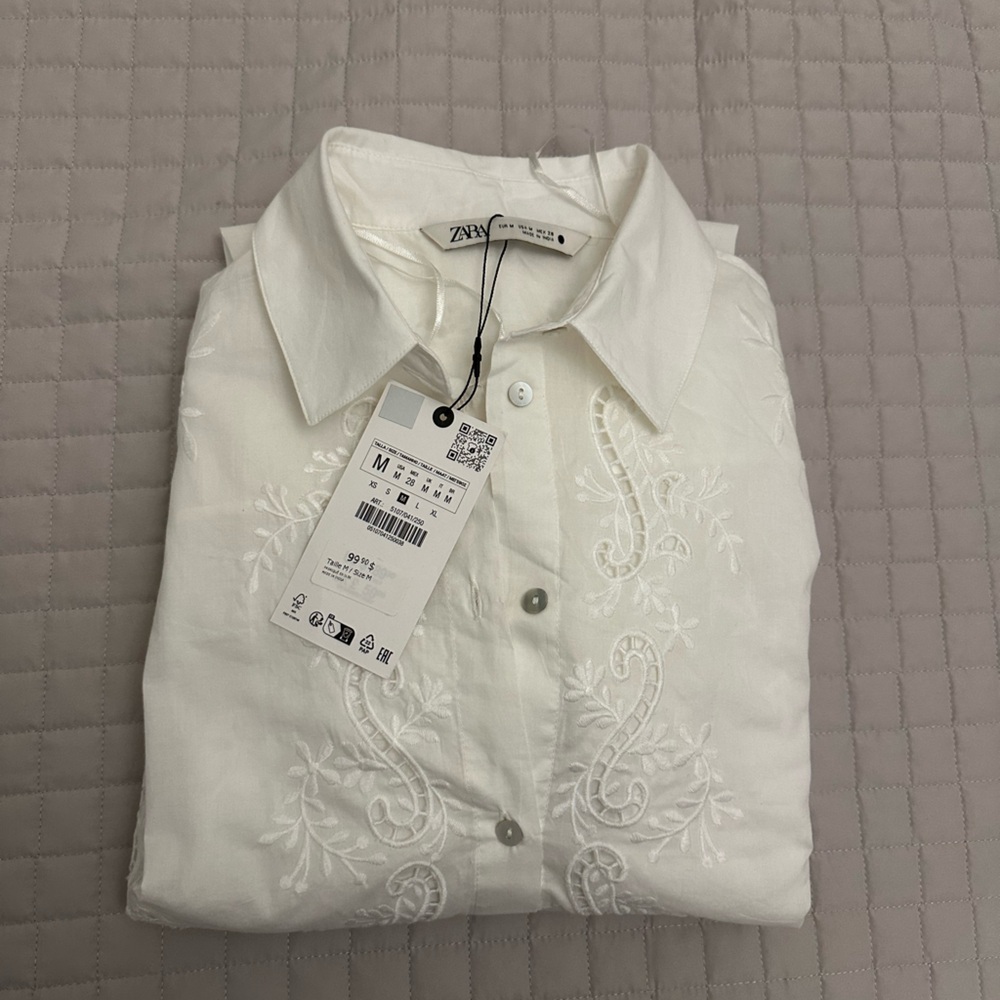 Zara White Embroidered Button-Up Shirt
